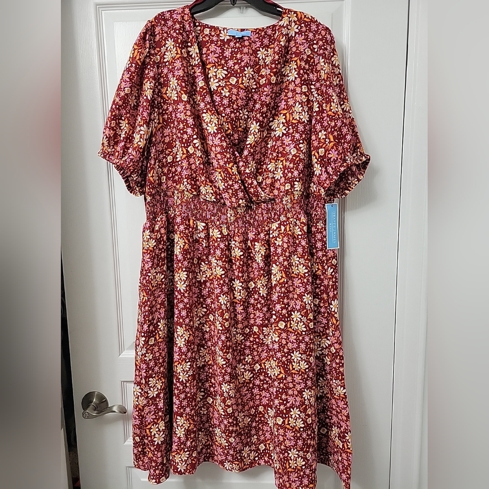 NWT Draper James RSVP Dress Womens 2X Smocked Waist Dress Cottage Floral Red